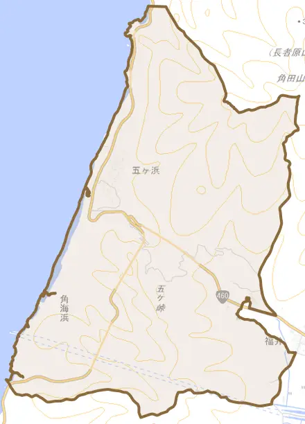 五ケ浜とその周辺の地図。町の範囲を重ねている