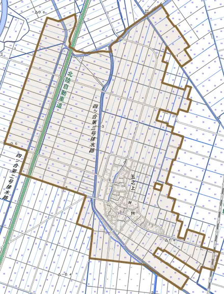 五之上とその周辺の地図。町の範囲を重ねている