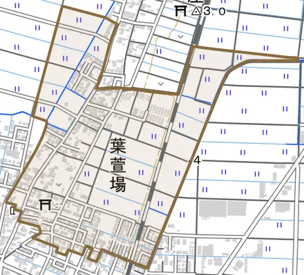 葉萱場とその周辺の地図。町の範囲を重ねている