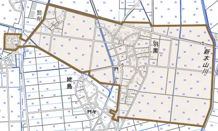 羽黒とその周辺の地図。町の範囲を重ねている