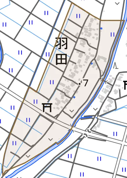 羽田とその周辺の地図。町の範囲を重ねている