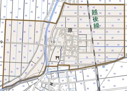 原とその周辺の地図。町の範囲を重ねている