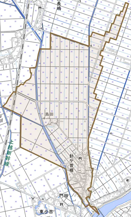 針ケ曽根とその周辺の地図。町の範囲を重ねている