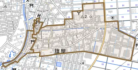 旗屋とその周辺の地図。町の範囲を重ねている