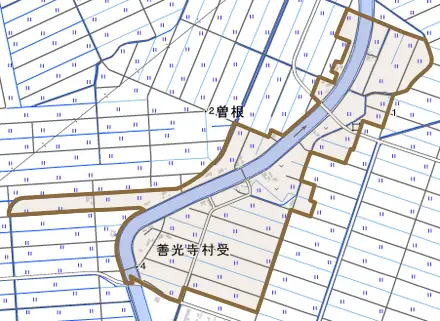 旗屋村受とその周辺の地図。町の範囲を重ねている