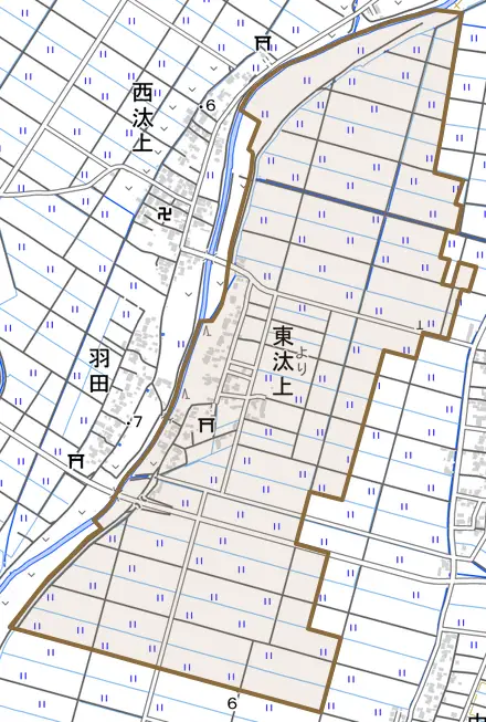 東汰上とその周辺の地図。町の範囲を重ねている
