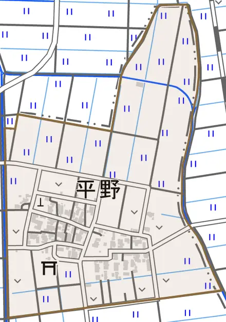 平野とその周辺の地図。町の範囲を重ねている