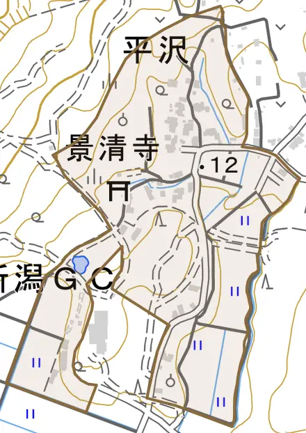 平沢とその周辺の地図。町の範囲を重ねている