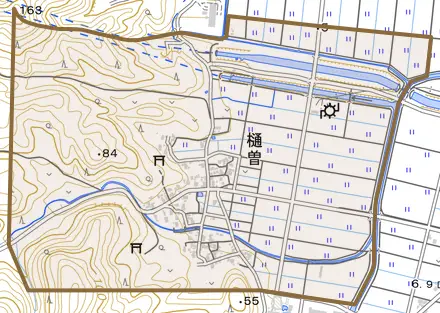 樋曽とその周辺の地図。町の範囲を重ねている