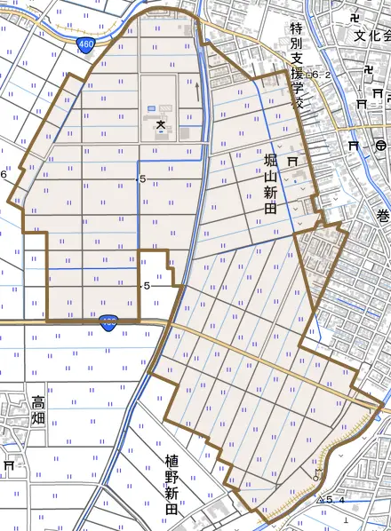 堀山新田とその周辺の地図。町の範囲を重ねている