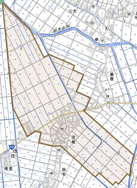 茨島とその周辺の地図。町の範囲を重ねている