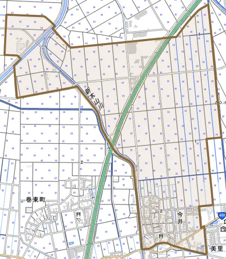 今井とその周辺の地図。町の範囲を重ねている