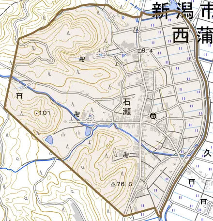 石瀬とその周辺の地図。町の範囲を重ねている