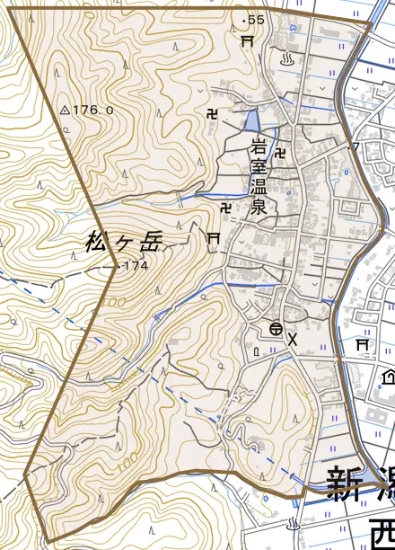 岩室温泉とその周辺の地図。町の範囲を重ねている