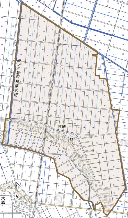 井随とその周辺の地図。町の範囲を重ねている