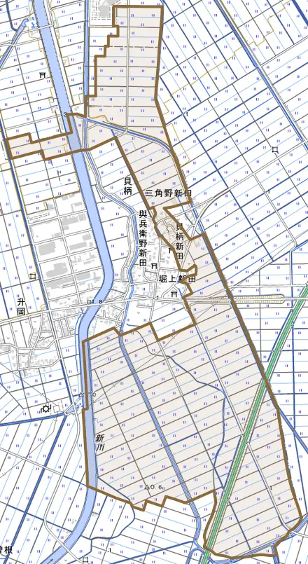 貝柄新田とその周辺の地図。町の範囲を重ねている