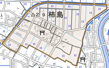 柿島とその周辺の地図。町の範囲を重ねている