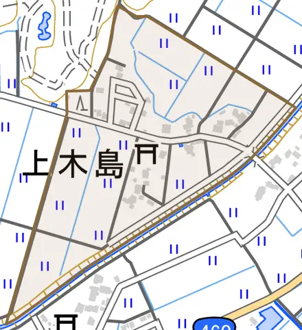 上木島とその周辺の地図。町の範囲を重ねている