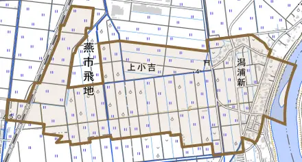 潟浦新とその周辺の地図。町の範囲を重ねている