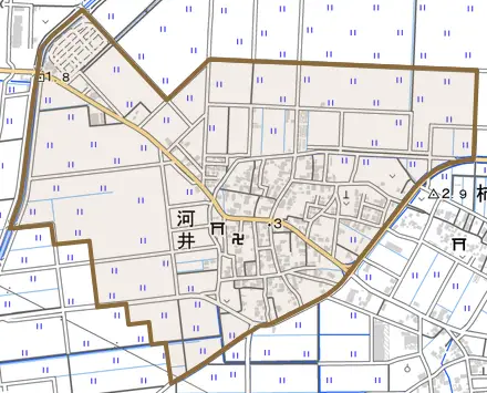 河井とその周辺の地図。町の範囲を重ねている