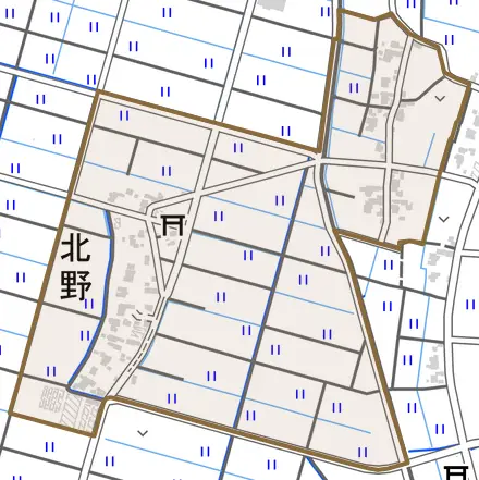 北野とその周辺の地図。町の範囲を重ねている