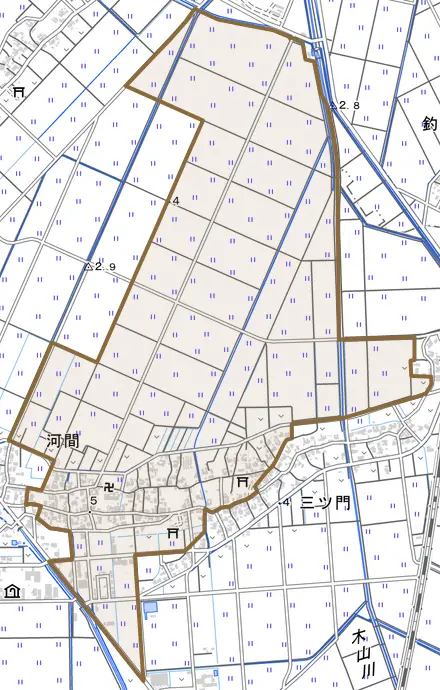 河間とその周辺の地図。町の範囲を重ねている