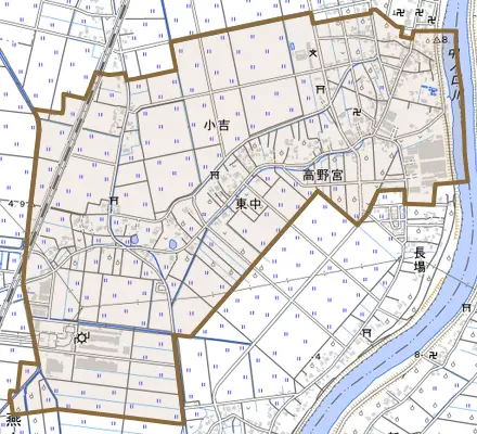 高野宮とその周辺の地図。町の範囲を重ねている