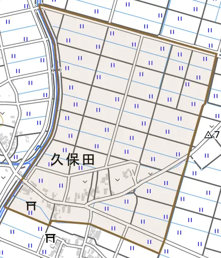 久保田とその周辺の地図。町の範囲を重ねている