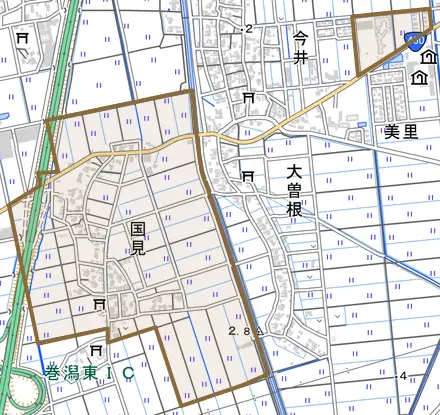 国見とその周辺の地図。町の範囲を重ねている