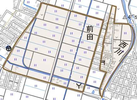 前田とその周辺の地図。町の範囲を重ねている