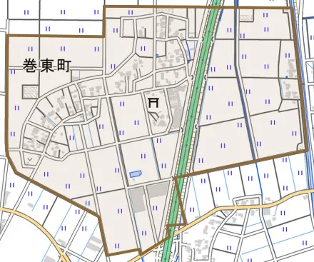 巻東町とその周辺の地図。町の範囲を重ねている