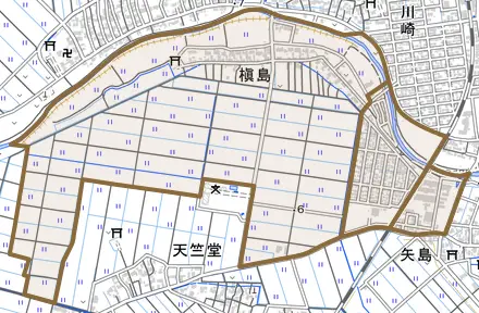 槇島とその周辺の地図。町の範囲を重ねている