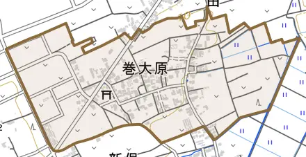 巻大原とその周辺の地図。町の範囲を重ねている