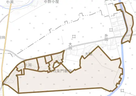 升潟とその周辺の地図。町の範囲を重ねている