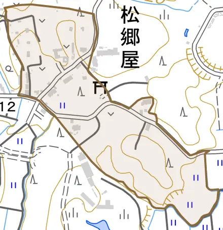 松郷屋とその周辺の地図。町の範囲を重ねている