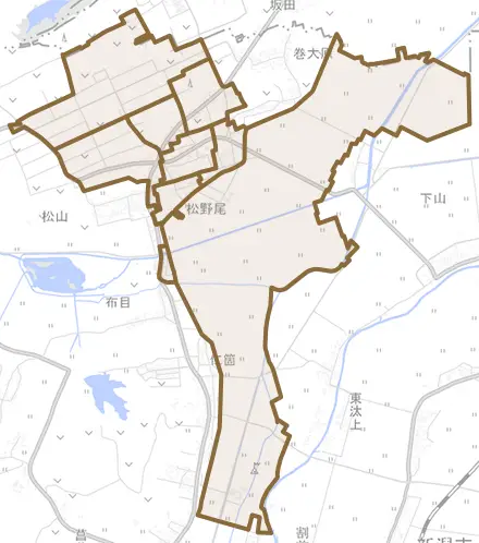 松野尾とその周辺の地図。町の範囲を重ねている