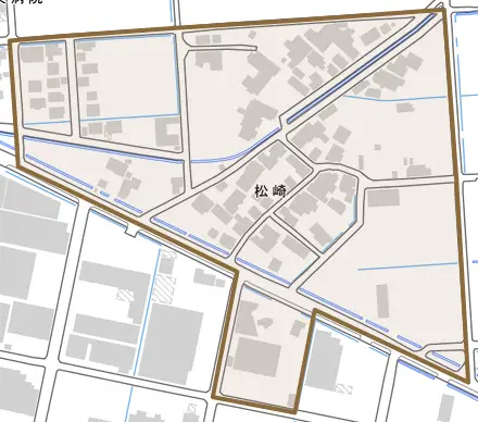 松崎とその周辺の地図。町の範囲を重ねている