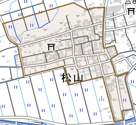 松山とその周辺の地図。町の範囲を重ねている
