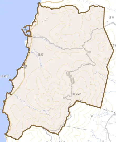 間瀬とその周辺の地図。町の範囲を重ねている