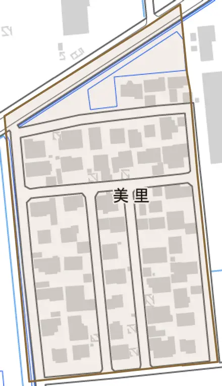 美里とその周辺の地図。町の範囲を重ねている