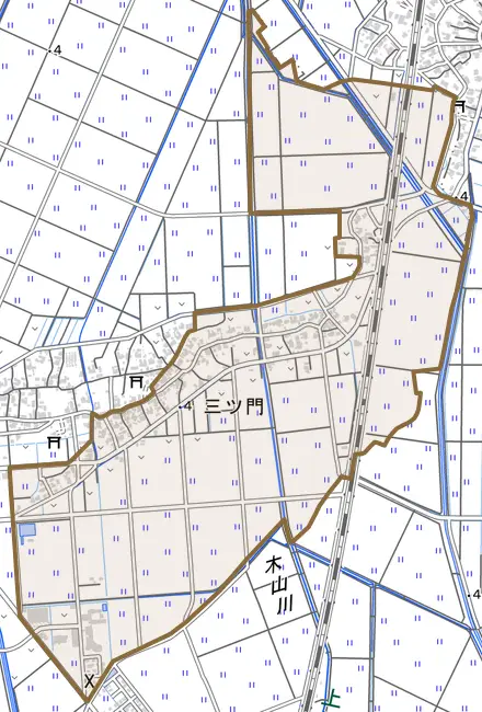 三ツ門とその周辺の地図。町の範囲を重ねている
