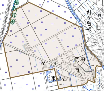 門田とその周辺の地図。町の範囲を重ねている