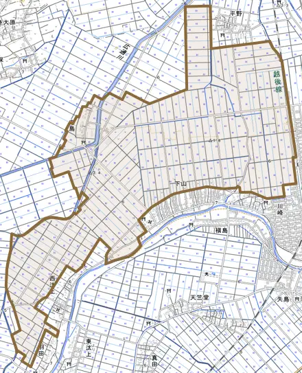 中島とその周辺の地図。町の範囲を重ねている