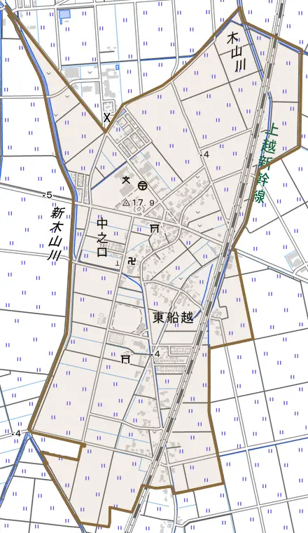 中之口とその周辺の地図。町の範囲を重ねている
