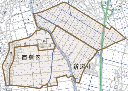 並岡とその周辺の地図。町の範囲を重ねている
