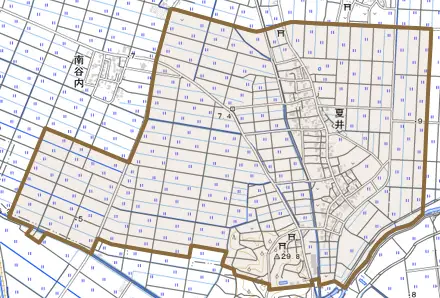 夏井とその周辺の地図。町の範囲を重ねている