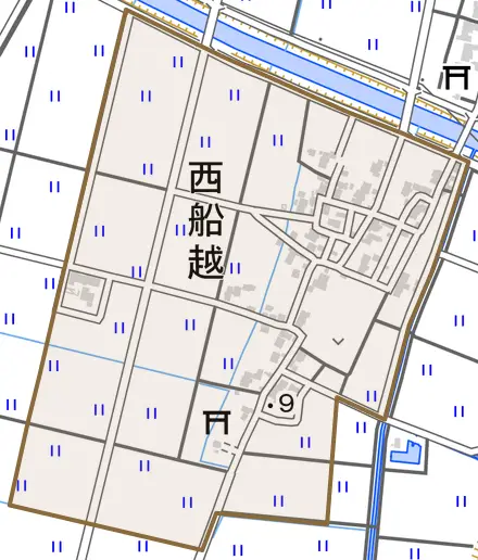 西船越とその周辺の地図。町の範囲を重ねている