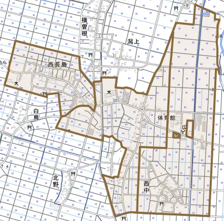 西長島とその周辺の地図。町の範囲を重ねている