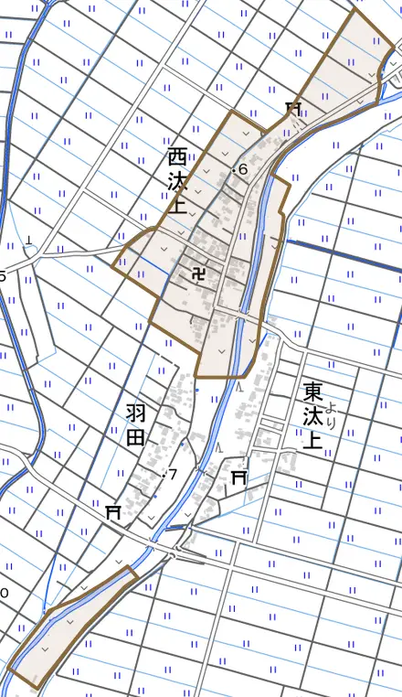 西汰上とその周辺の地図。町の範囲を重ねている