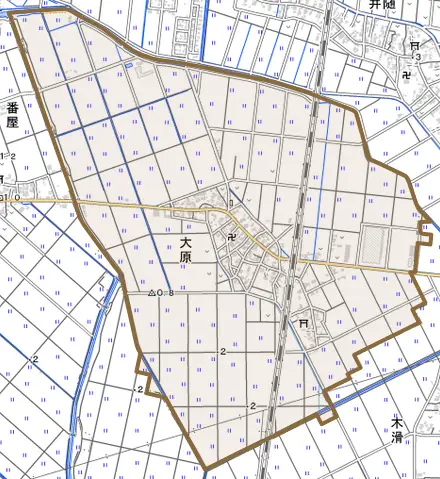 大原とその周辺の地図。町の範囲を重ねている